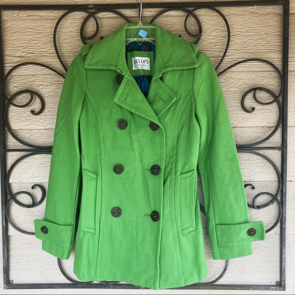 Vintage Delia's Hard-To-Find Lime Green Wool Blend Pea Coat SZ S